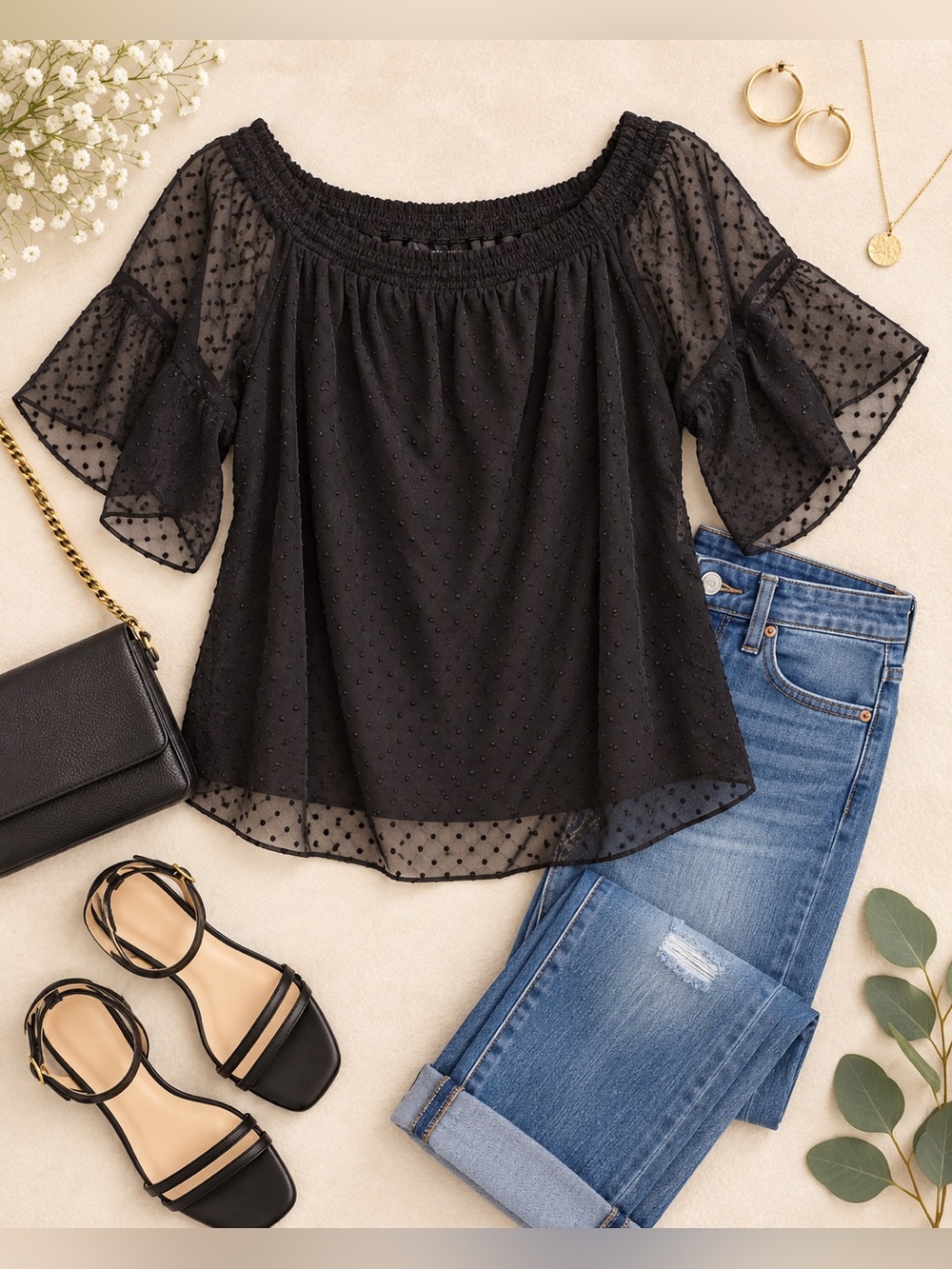 Maurices Black Swiss Dot Off Shoulder Bell Sleeve Blouse